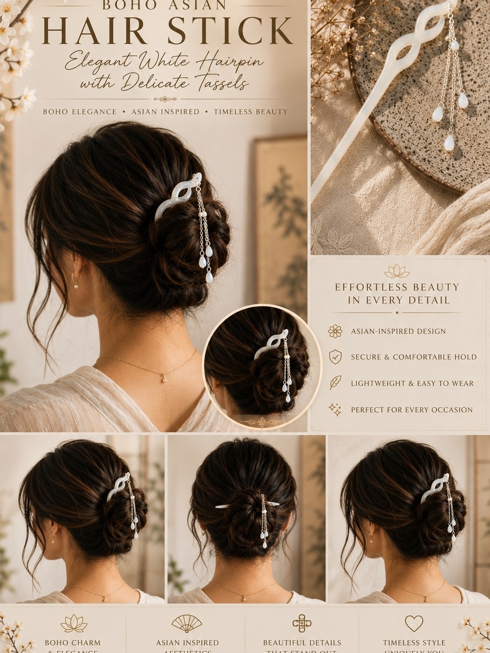 Boho Asian White Hair Stick with Tassel Charm - Elegant Women’s Hairpin